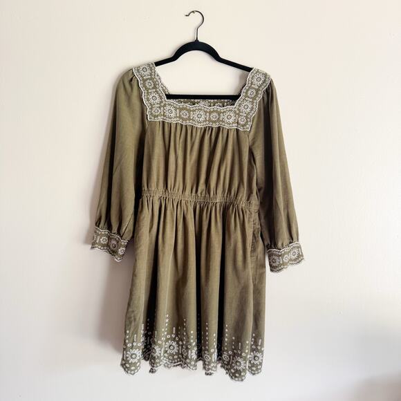 Madewell Green + White Embroidered Corduroy Square Neck Boho Mini Dress - Medium - Picture 10 of 11